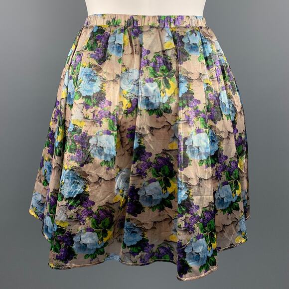MSGM Size 6 Gold & Purple Floral Polyamide Elastic Waistband A-Line Skirt - Picture 3 of 5